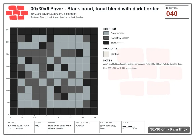 Interlock (Pasco) 30x30 cm · SQ33-40 · Stack bond, tonal blend with dark border · Laying plan Interlock (Pasco) 30x30 cm · SQ33-40 · Stack bond, tonal blend with dark border · Laying plan