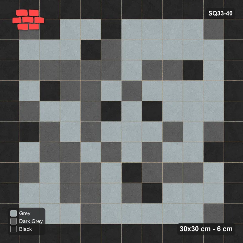 Interlock (Pasco) 30x30 cm · SQ33-40 · Stack bond, tonal blend with dark border · Top view Interlock (Pasco) 30x30 cm · SQ33-40 · Stack bond, tonal blend with dark border · Top view