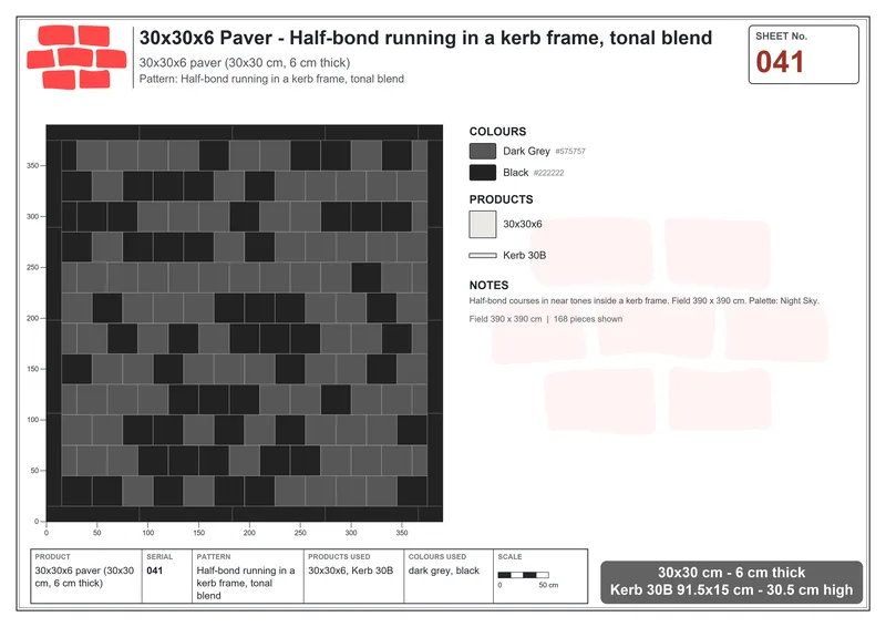 Interlock (Pasco) 30x30 cm · SQ33-41 · Half-bond running in a kerb frame, tonal blend · Laying plan Interlock (Pasco) 30x30 cm · SQ33-41 · Half-bond running in a kerb frame, tonal blend · Laying plan
