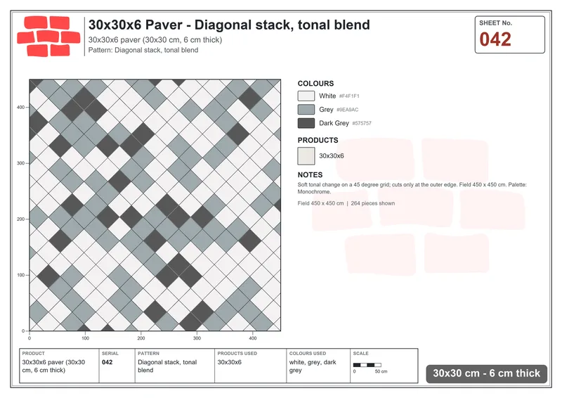 Interlock (Pasco) 30x30 cm · SQ33-42 · Diagonal stack, tonal blend · Laying plan Interlock (Pasco) 30x30 cm · SQ33-42 · Diagonal stack, tonal blend · Laying plan