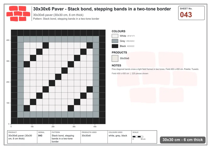 Interlock (Pasco) 30x30 cm · SQ33-43 · Stack bond, stepping bands in a two-tone border · Laying plan Interlock (Pasco) 30x30 cm · SQ33-43 · Stack bond, stepping bands in a two-tone border · Laying plan