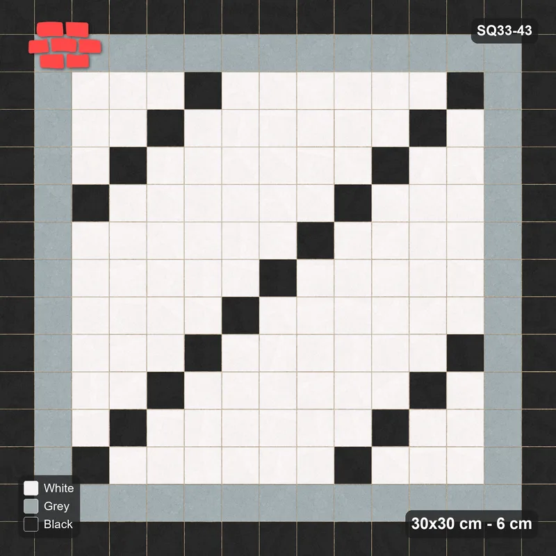 Interlock (Pasco) 30x30 cm · SQ33-43 · Stack bond, stepping bands in a two-tone border · Top view Interlock (Pasco) 30x30 cm · SQ33-43 · Stack bond, stepping bands in a two-tone border · Top view