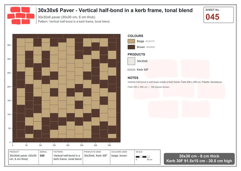 Interlock (Pasco) 30x30 cm · SQ33-45 · Vertical half-bond in a kerb frame, tonal blend · Laying plan Interlock (Pasco) 30x30 cm · SQ33-45 · Vertical half-bond in a kerb frame, tonal blend · Laying plan