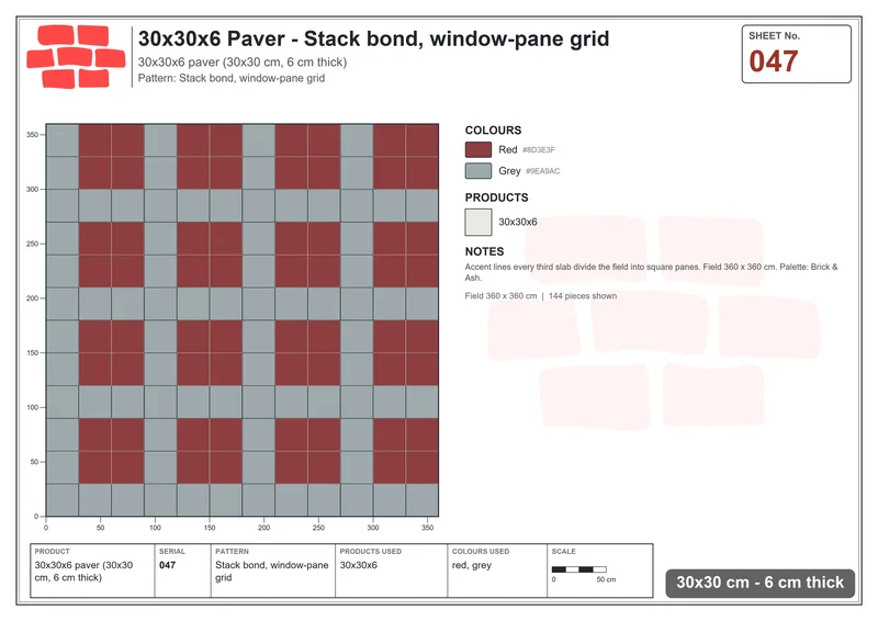 Interlock (Pasco) 30x30 cm · SQ33-47 · Stack bond, window-pane grid · Laying plan Interlock (Pasco) 30x30 cm · SQ33-47 · Stack bond, window-pane grid · Laying plan