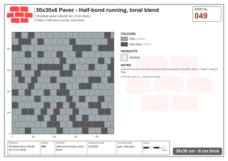 Interlock (Pasco) 30x30 cm · SQ33-49 · Half-bond running, tonal blend · Laying plan Interlock (Pasco) 30x30 cm · SQ33-49 · Half-bond running, tonal blend · Laying plan