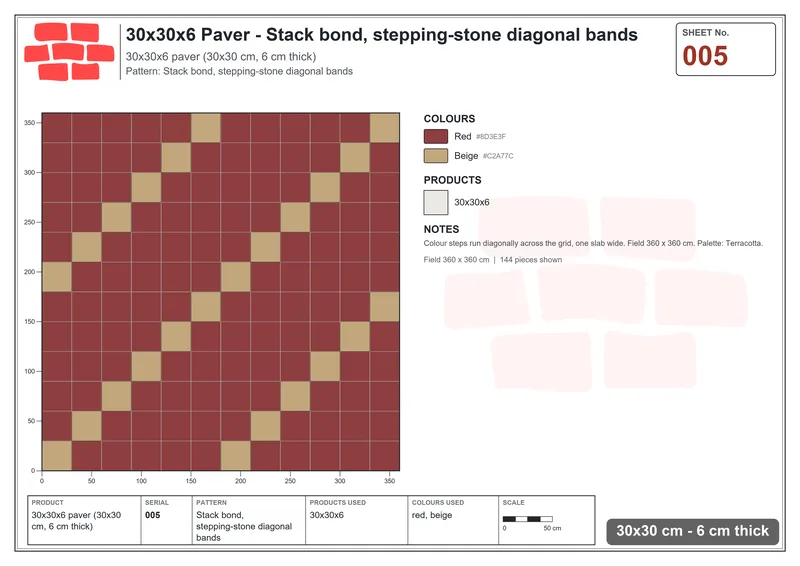 Interlock (Pasco) 30x30 cm · SQ33-5 · Stack bond, stepping-stone diagonal bands · Laying plan Interlock (Pasco) 30x30 cm · SQ33-5 · Stack bond, stepping-stone diagonal bands · Laying plan