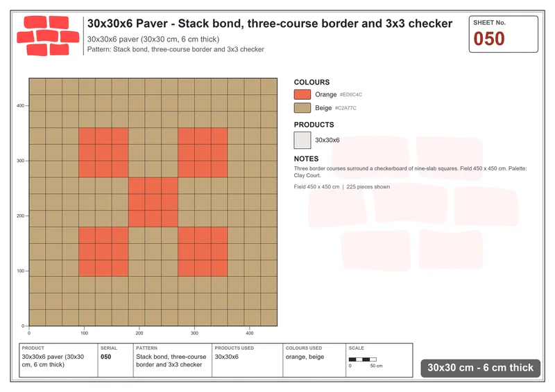 Interlock (Pasco) 30x30 cm · SQ33-50 · Stack bond, three-course border and 3x3 checker · Laying plan Interlock (Pasco) 30x30 cm · SQ33-50 · Stack bond, three-course border and 3x3 checker · Laying plan
