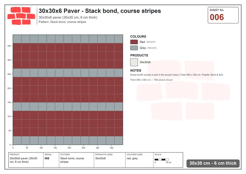 Interlock (Pasco) 30x30 cm · SQ33-6 · Stack bond, course stripes · Laying plan Interlock (Pasco) 30x30 cm · SQ33-6 · Stack bond, course stripes · Laying plan