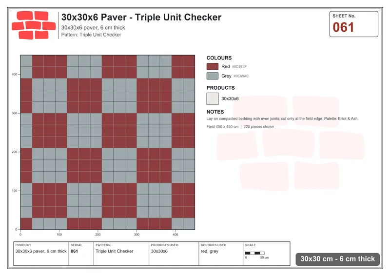 Interlock (Pasco) 30x30 cm · SQ33-61 · Triple Unit Checker · Laying plan Interlock (Pasco) 30x30 cm · SQ33-61 · Triple Unit Checker · Laying plan