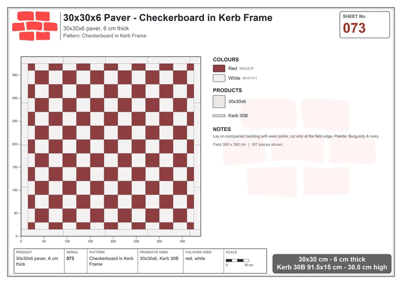 Interlock (Pasco) 30x30 cm · SQ33-73 · Checkerboard in Kerb Frame · Laying plan Interlock (Pasco) 30x30 cm · SQ33-73 · Checkerboard in Kerb Frame · Laying plan