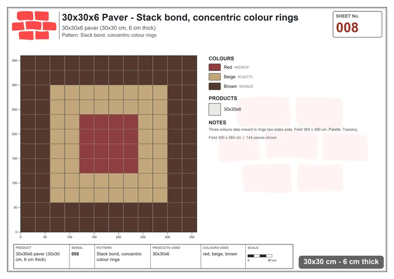 Interlock (Pasco) 30x30 cm · SQ33-8 · Stack bond, concentric colour rings · Laying plan Interlock (Pasco) 30x30 cm · SQ33-8 · Stack bond, concentric colour rings · Laying plan