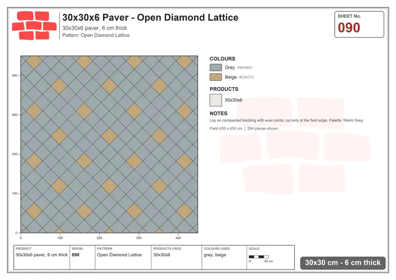 Interlock (Pasco) 30x30 cm · SQ33-90 · Open Diamond Lattice · Laying plan Interlock (Pasco) 30x30 cm · SQ33-90 · Open Diamond Lattice · Laying plan