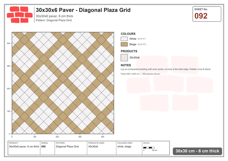 Interlock (Pasco) 30x30 cm · SQ33-92 · Diagonal Plaza Grid · Laying plan Interlock (Pasco) 30x30 cm · SQ33-92 · Diagonal Plaza Grid · Laying plan