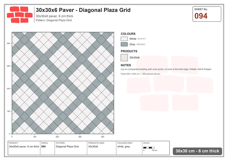 Interlock (Pasco) 30x30 cm · SQ33-94 · Diagonal Plaza Grid · Laying plan Interlock (Pasco) 30x30 cm · SQ33-94 · Diagonal Plaza Grid · Laying plan