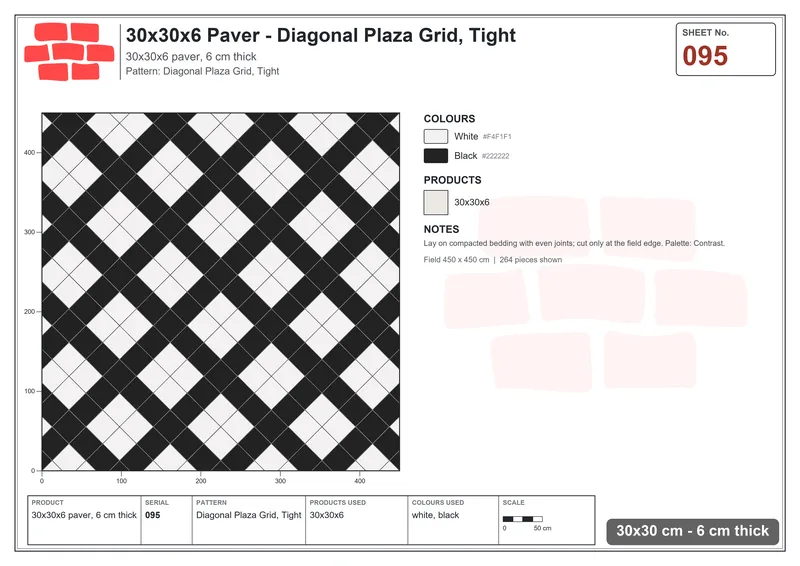 Interlock (Pasco) 30x30 cm · SQ33-95 · Diagonal Plaza Grid, Tight · Laying plan Interlock (Pasco) 30x30 cm · SQ33-95 · Diagonal Plaza Grid, Tight · Laying plan