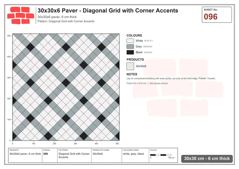 Interlock (Pasco) 30x30 cm · SQ33-96 · Diagonal Grid with Corner Accents · Laying plan Interlock (Pasco) 30x30 cm · SQ33-96 · Diagonal Grid with Corner Accents · Laying plan