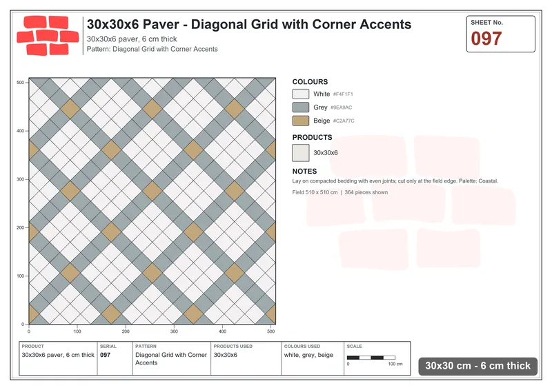 Interlock (Pasco) 30x30 cm · SQ33-97 · Diagonal Grid with Corner Accents · Laying plan Interlock (Pasco) 30x30 cm · SQ33-97 · Diagonal Grid with Corner Accents · Laying plan