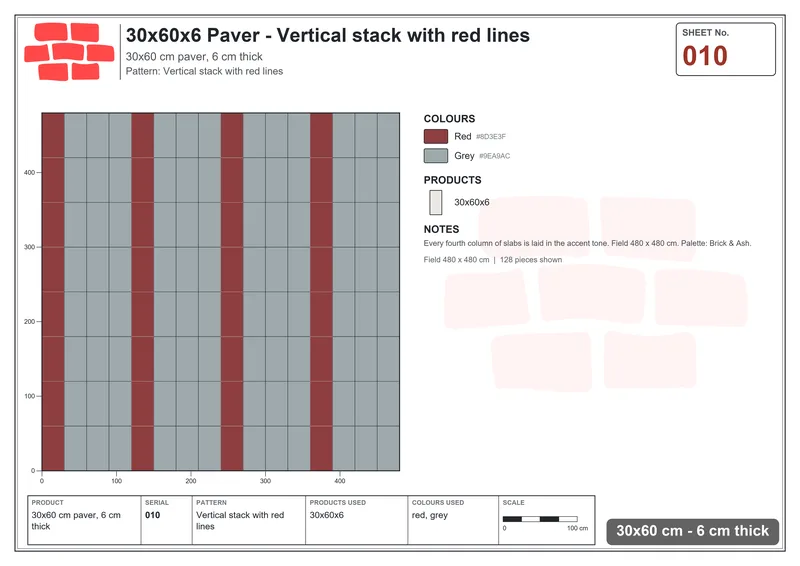 Interlock (Pasco) 30x60 cm · RC36-10 · Vertical stack with red lines · Laying plan Interlock (Pasco) 30x60 cm · RC36-10 · Vertical stack with red lines · Laying plan