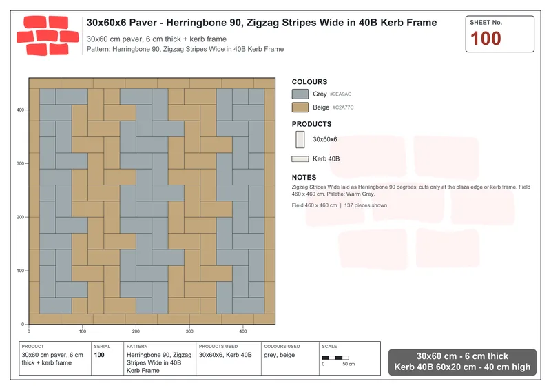 Interlock (Pasco) 30x60 cm · RC36-100 · Herringbone 90, Zigzag Stripes Wide in 40B Kerb Frame · Laying plan Interlock (Pasco) 30x60 cm · RC36-100 · Herringbone 90, Zigzag Stripes Wide in 40B Kerb Frame · Laying plan