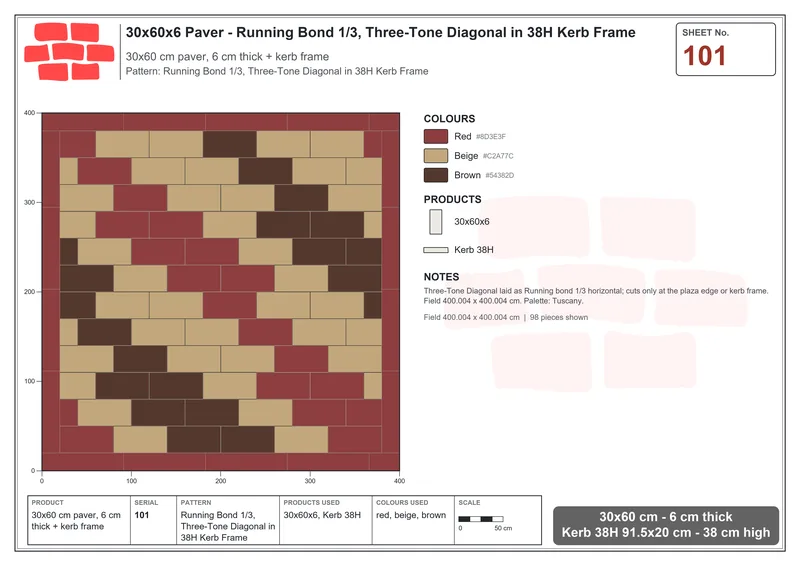 Interlock (Pasco) 30x60 cm · RC36-101 · Running Bond 1/3, Three-Tone Diagonal in 38H Kerb Frame · Laying plan Interlock (Pasco) 30x60 cm · RC36-101 · Running Bond 1/3, Three-Tone Diagonal in 38H Kerb Frame · Laying plan