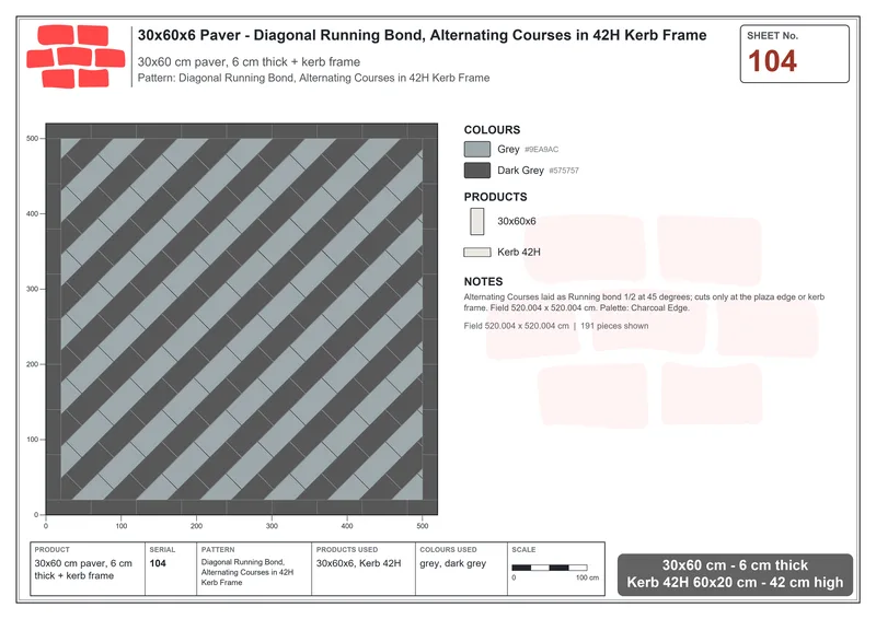 Interlock (Pasco) 30x60 cm · RC36-104 · Diagonal Running Bond, Alternating Courses in 42H Kerb Frame · Laying plan Interlock (Pasco) 30x60 cm · RC36-104 · Diagonal Running Bond, Alternating Courses in 42H Kerb Frame · Laying plan