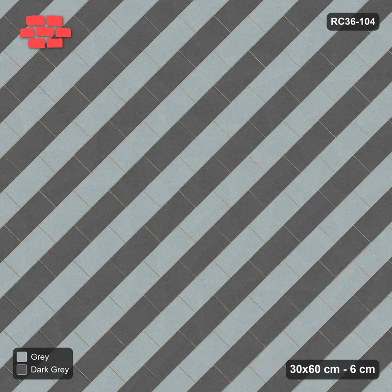 Interlock (Pasco) 30x60 cm · RC36-104 · Diagonal Running Bond, Alternating Courses in 42H Kerb Frame · Top view Interlock (Pasco) 30x60 cm · RC36-104 · Diagonal Running Bond, Alternating Courses in 42H Kerb Frame · Top view