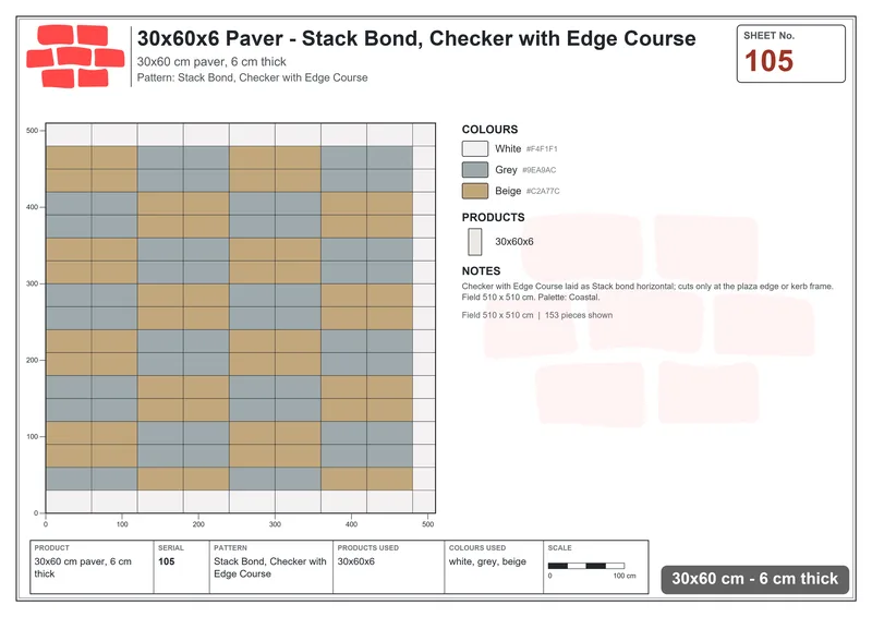 Interlock (Pasco) 30x60 cm · RC36-105 · Stack Bond, Checker with Edge Course · Laying plan Interlock (Pasco) 30x60 cm · RC36-105 · Stack Bond, Checker with Edge Course · Laying plan