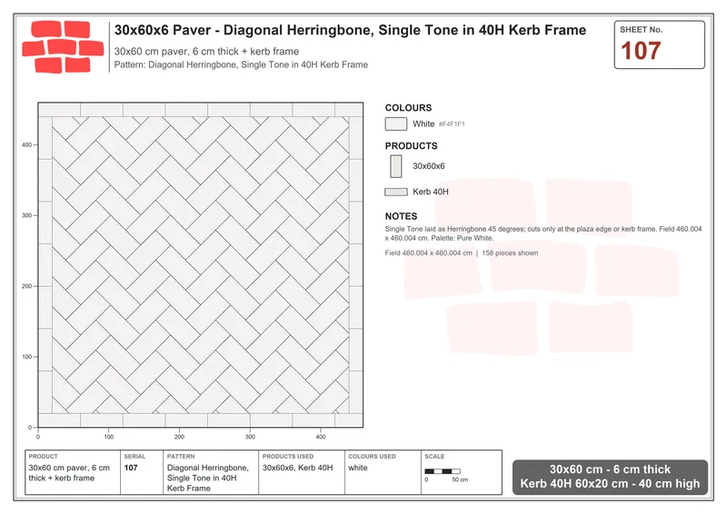 Interlock (Pasco) 30x60 cm · RC36-107 · Diagonal Herringbone, Single Tone in 40H Kerb Frame · Laying plan Interlock (Pasco) 30x60 cm · RC36-107 · Diagonal Herringbone, Single Tone in 40H Kerb Frame · Laying plan