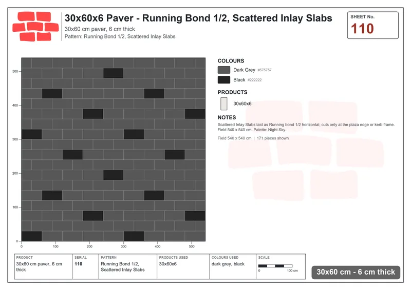 Interlock (Pasco) 30x60 cm · RC36-110 · Running Bond 1/2, Scattered Inlay Slabs · Laying plan Interlock (Pasco) 30x60 cm · RC36-110 · Running Bond 1/2, Scattered Inlay Slabs · Laying plan