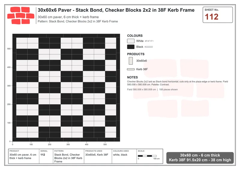 Interlock (Pasco) 30x60 cm · RC36-112 · Stack Bond, Checker Blocks 2x2 in 38F Kerb Frame · Laying plan Interlock (Pasco) 30x60 cm · RC36-112 · Stack Bond, Checker Blocks 2x2 in 38F Kerb Frame · Laying plan