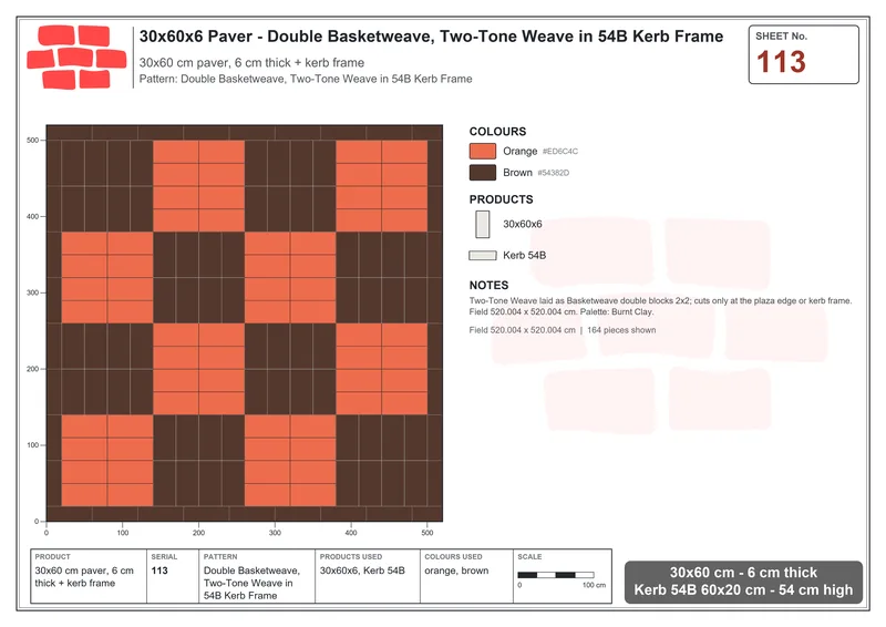 Interlock (Pasco) 30x60 cm · RC36-113 · Double Basketweave, Two-Tone Weave in 54B Kerb Frame · Laying plan Interlock (Pasco) 30x60 cm · RC36-113 · Double Basketweave, Two-Tone Weave in 54B Kerb Frame · Laying plan