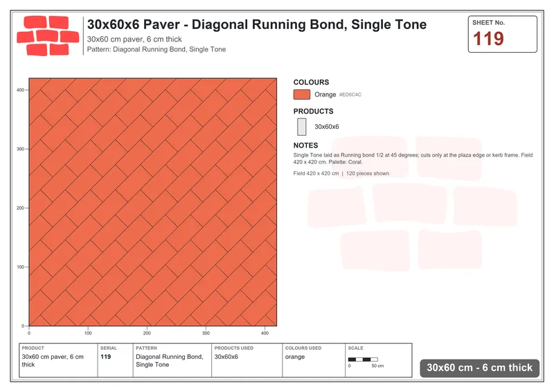 Interlock (Pasco) 30x60 cm · RC36-119 · Diagonal Running Bond, Single Tone · Laying plan Interlock (Pasco) 30x60 cm · RC36-119 · Diagonal Running Bond, Single Tone · Laying plan