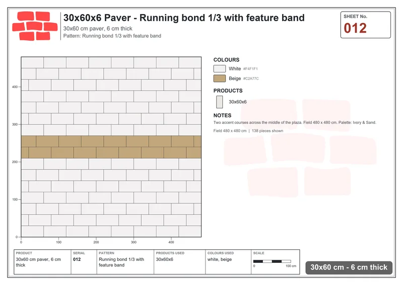 Interlock (Pasco) 30x60 cm · RC36-12 · Running bond 1/3 with feature band · Laying plan Interlock (Pasco) 30x60 cm · RC36-12 · Running bond 1/3 with feature band · Laying plan
