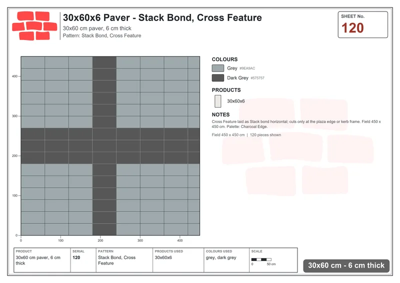 Interlock (Pasco) 30x60 cm · RC36-120 · Stack Bond, Cross Feature · Laying plan Interlock (Pasco) 30x60 cm · RC36-120 · Stack Bond, Cross Feature · Laying plan