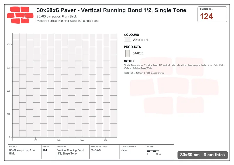 Interlock (Pasco) 30x60 cm · RC36-124 · Vertical Running Bond 1/2, Single Tone · Laying plan Interlock (Pasco) 30x60 cm · RC36-124 · Vertical Running Bond 1/2, Single Tone · Laying plan