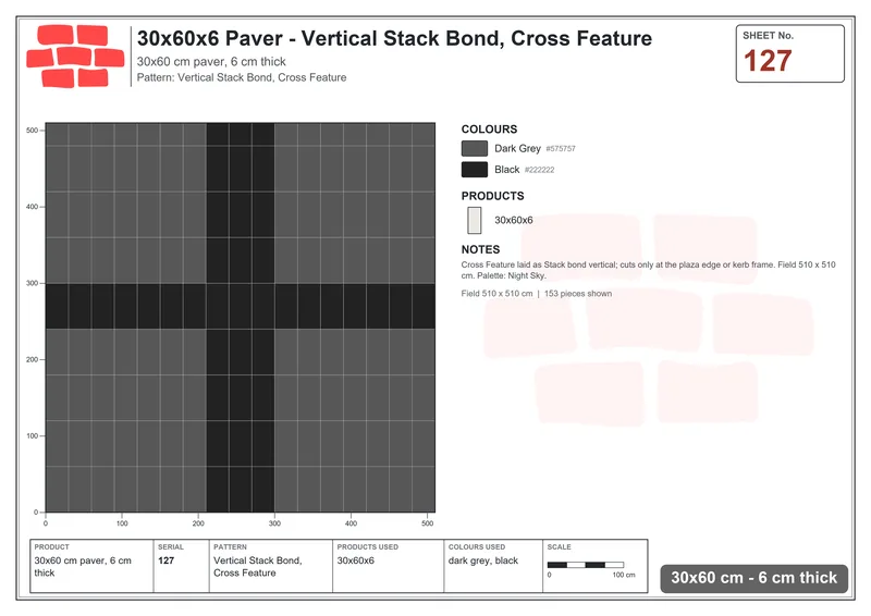 Interlock (Pasco) 30x60 cm · RC36-127 · Vertical Stack Bond, Cross Feature · Laying plan Interlock (Pasco) 30x60 cm · RC36-127 · Vertical Stack Bond, Cross Feature · Laying plan
