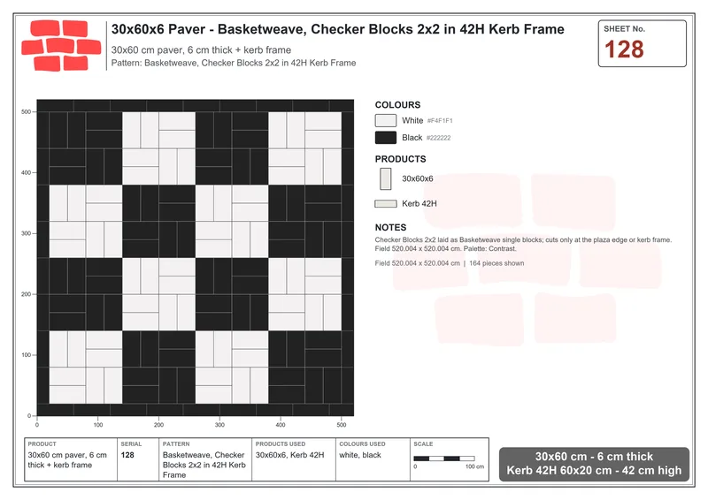 Interlock (Pasco) 30x60 cm · RC36-128 · Basketweave, Checker Blocks 2x2 in 42H Kerb Frame · Laying plan Interlock (Pasco) 30x60 cm · RC36-128 · Basketweave, Checker Blocks 2x2 in 42H Kerb Frame · Laying plan
