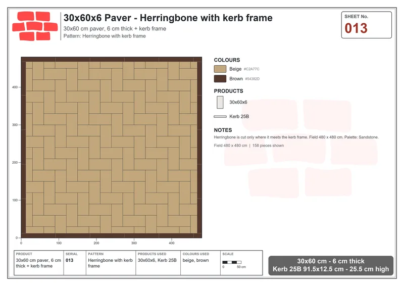 Interlock (Pasco) 30x60 cm · RC36-13 · Herringbone with kerb frame · Laying plan Interlock (Pasco) 30x60 cm · RC36-13 · Herringbone with kerb frame · Laying plan