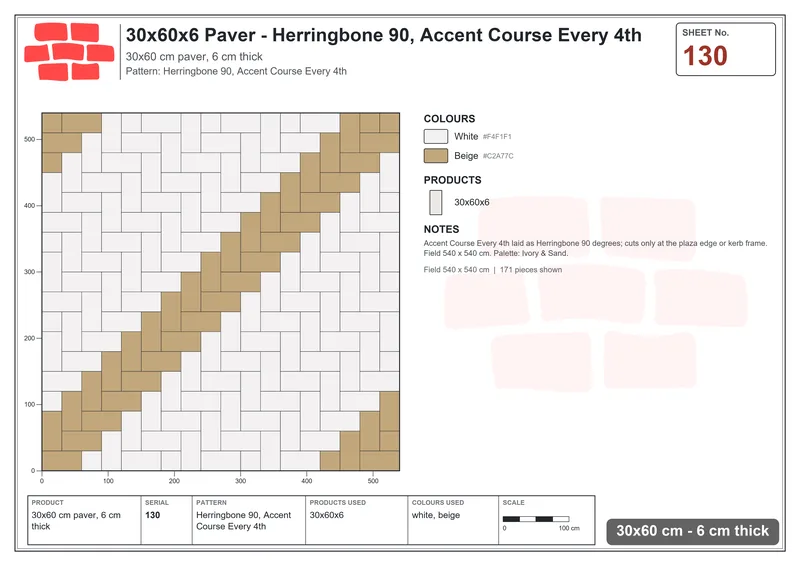 Interlock (Pasco) 30x60 cm · RC36-130 · Herringbone 90, Accent Course Every 4th · Laying plan Interlock (Pasco) 30x60 cm · RC36-130 · Herringbone 90, Accent Course Every 4th · Laying plan