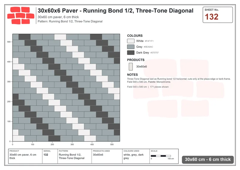Interlock (Pasco) 30x60 cm · RC36-132 · Running Bond 1/2, Three-Tone Diagonal · Laying plan Interlock (Pasco) 30x60 cm · RC36-132 · Running Bond 1/2, Three-Tone Diagonal · Laying plan