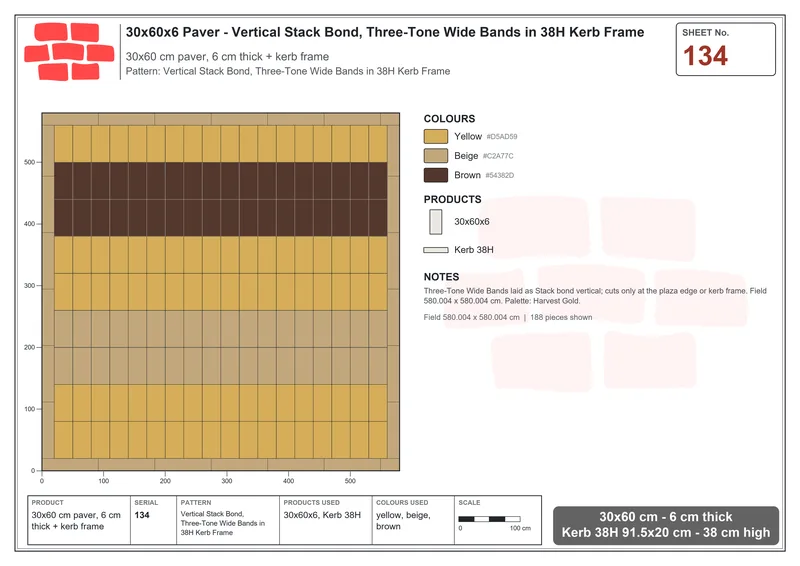 Interlock (Pasco) 30x60 cm · RC36-134 · Vertical Stack Bond, Three-Tone Wide Bands in 38H Kerb Frame · Laying plan Interlock (Pasco) 30x60 cm · RC36-134 · Vertical Stack Bond, Three-Tone Wide Bands in 38H Kerb Frame · Laying plan