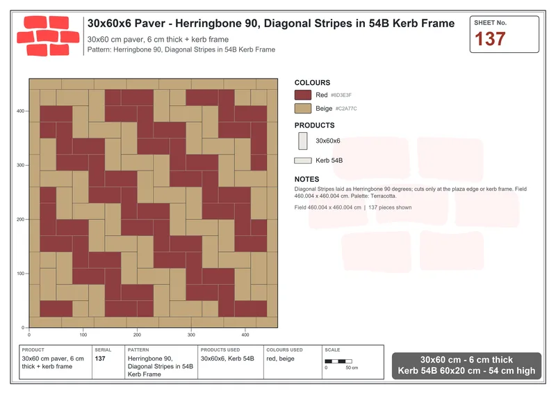 Interlock (Pasco) 30x60 cm · RC36-137 · Herringbone 90, Diagonal Stripes in 54B Kerb Frame · Laying plan Interlock (Pasco) 30x60 cm · RC36-137 · Herringbone 90, Diagonal Stripes in 54B Kerb Frame · Laying plan