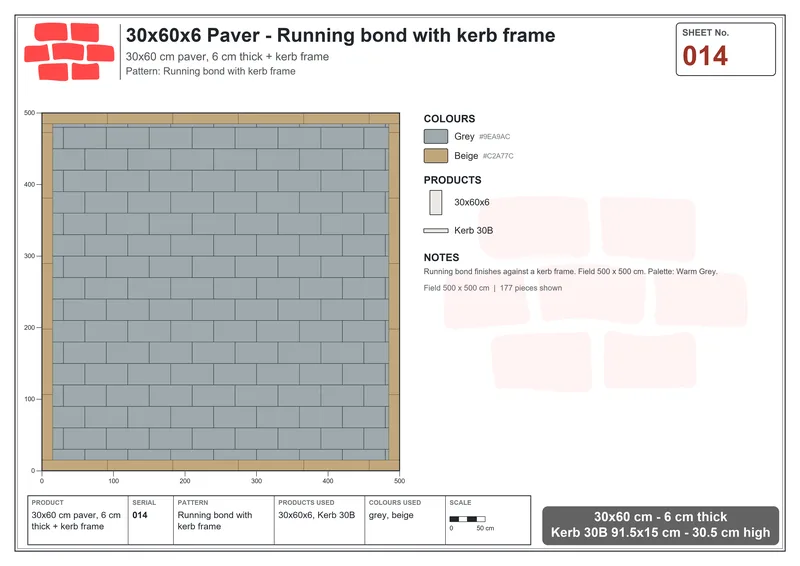 Interlock (Pasco) 30x60 cm · RC36-14 · Running bond with kerb frame · Laying plan Interlock (Pasco) 30x60 cm · RC36-14 · Running bond with kerb frame · Laying plan