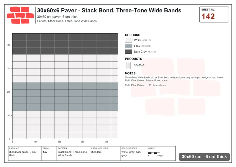 Interlock (Pasco) 30x60 cm · RC36-142 · Stack Bond, Three-Tone Wide Bands · Laying plan Interlock (Pasco) 30x60 cm · RC36-142 · Stack Bond, Three-Tone Wide Bands · Laying plan