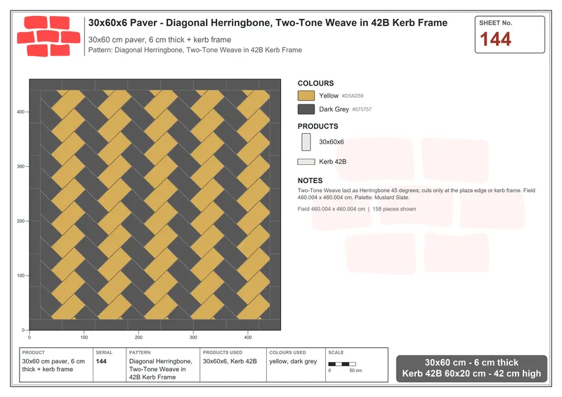 Interlock (Pasco) 30x60 cm · RC36-144 · Diagonal Herringbone, Two-Tone Weave in 42B Kerb Frame · Laying plan Interlock (Pasco) 30x60 cm · RC36-144 · Diagonal Herringbone, Two-Tone Weave in 42B Kerb Frame · Laying plan