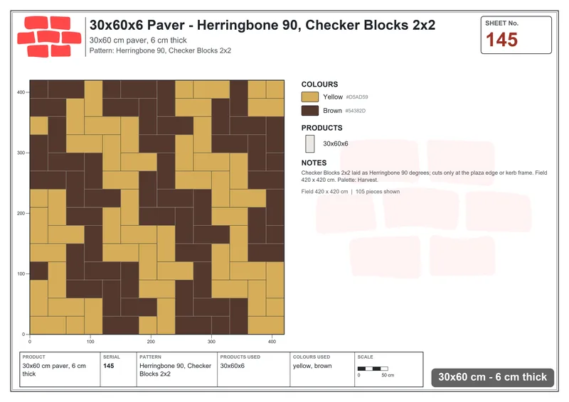 Interlock (Pasco) 30x60 cm · RC36-145 · Herringbone 90, Checker Blocks 2x2 · Laying plan Interlock (Pasco) 30x60 cm · RC36-145 · Herringbone 90, Checker Blocks 2x2 · Laying plan