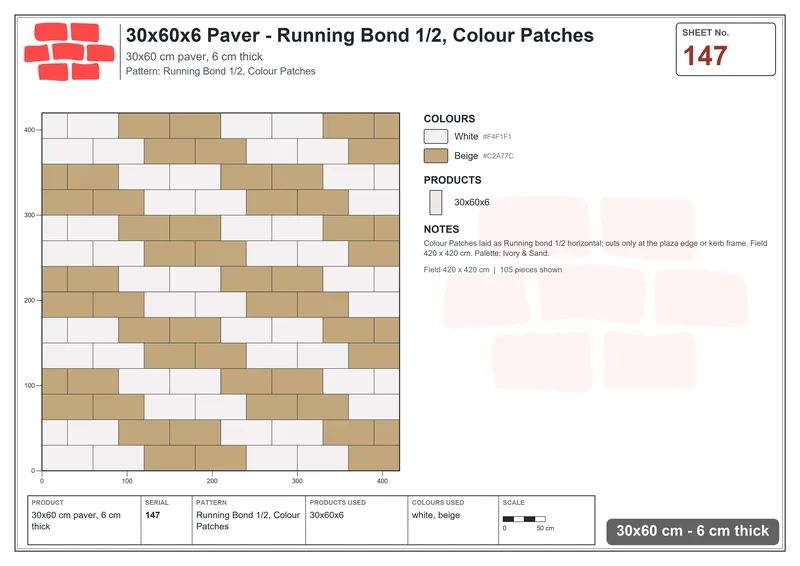 Interlock (Pasco) 30x60 cm · RC36-147 · Running Bond 1/2, Colour Patches · Laying plan Interlock (Pasco) 30x60 cm · RC36-147 · Running Bond 1/2, Colour Patches · Laying plan