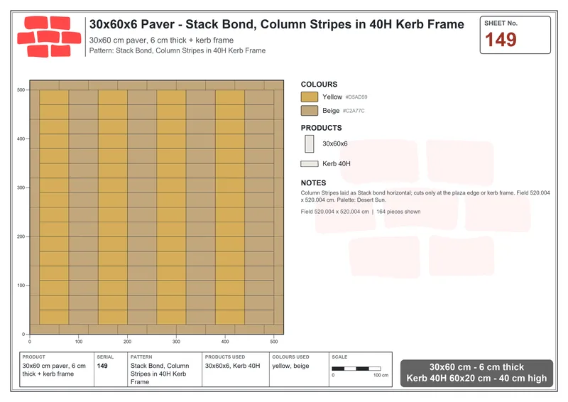 Interlock (Pasco) 30x60 cm · RC36-149 · Stack Bond, Column Stripes in 40H Kerb Frame · Laying plan Interlock (Pasco) 30x60 cm · RC36-149 · Stack Bond, Column Stripes in 40H Kerb Frame · Laying plan