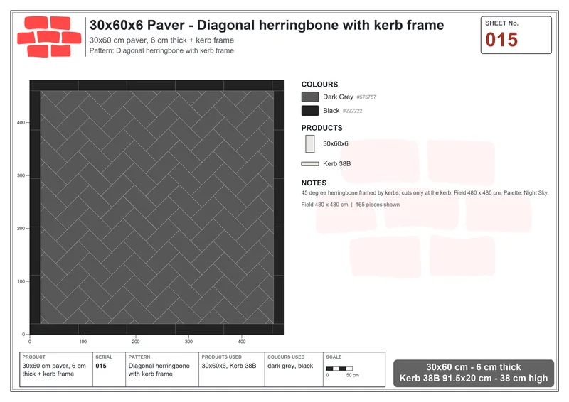 Interlock (Pasco) 30x60 cm · RC36-15 · Diagonal herringbone with kerb frame · Laying plan Interlock (Pasco) 30x60 cm · RC36-15 · Diagonal herringbone with kerb frame · Laying plan