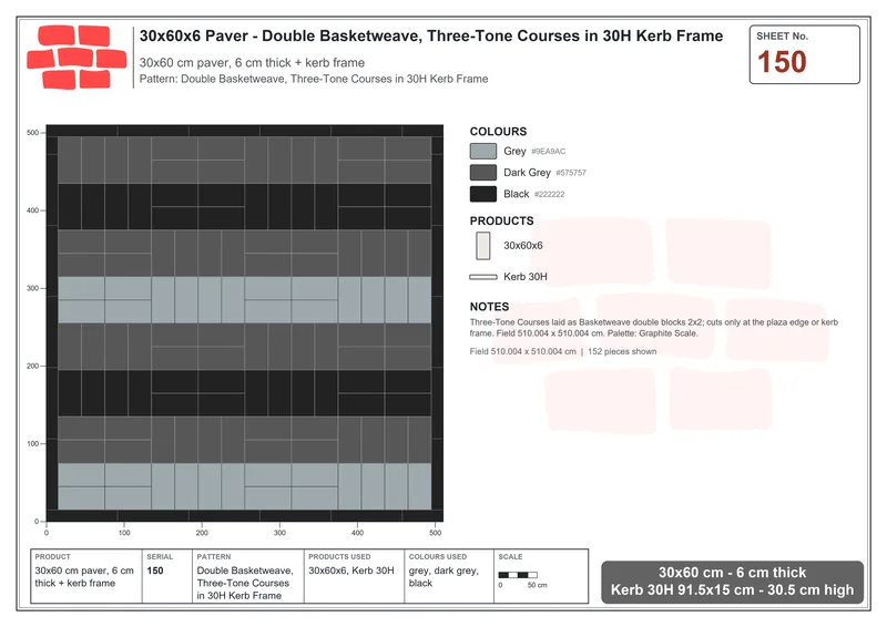 Interlock (Pasco) 30x60 cm · RC36-150 · Double Basketweave, Three-Tone Courses in 30H Kerb Frame · Laying plan Interlock (Pasco) 30x60 cm · RC36-150 · Double Basketweave, Three-Tone Courses in 30H Kerb Frame · Laying plan
